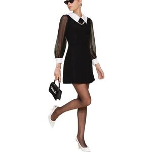 NWT Avec Les Filles Black Sheer Sleeve Contrast Collar Mini Dress Size 6 $179